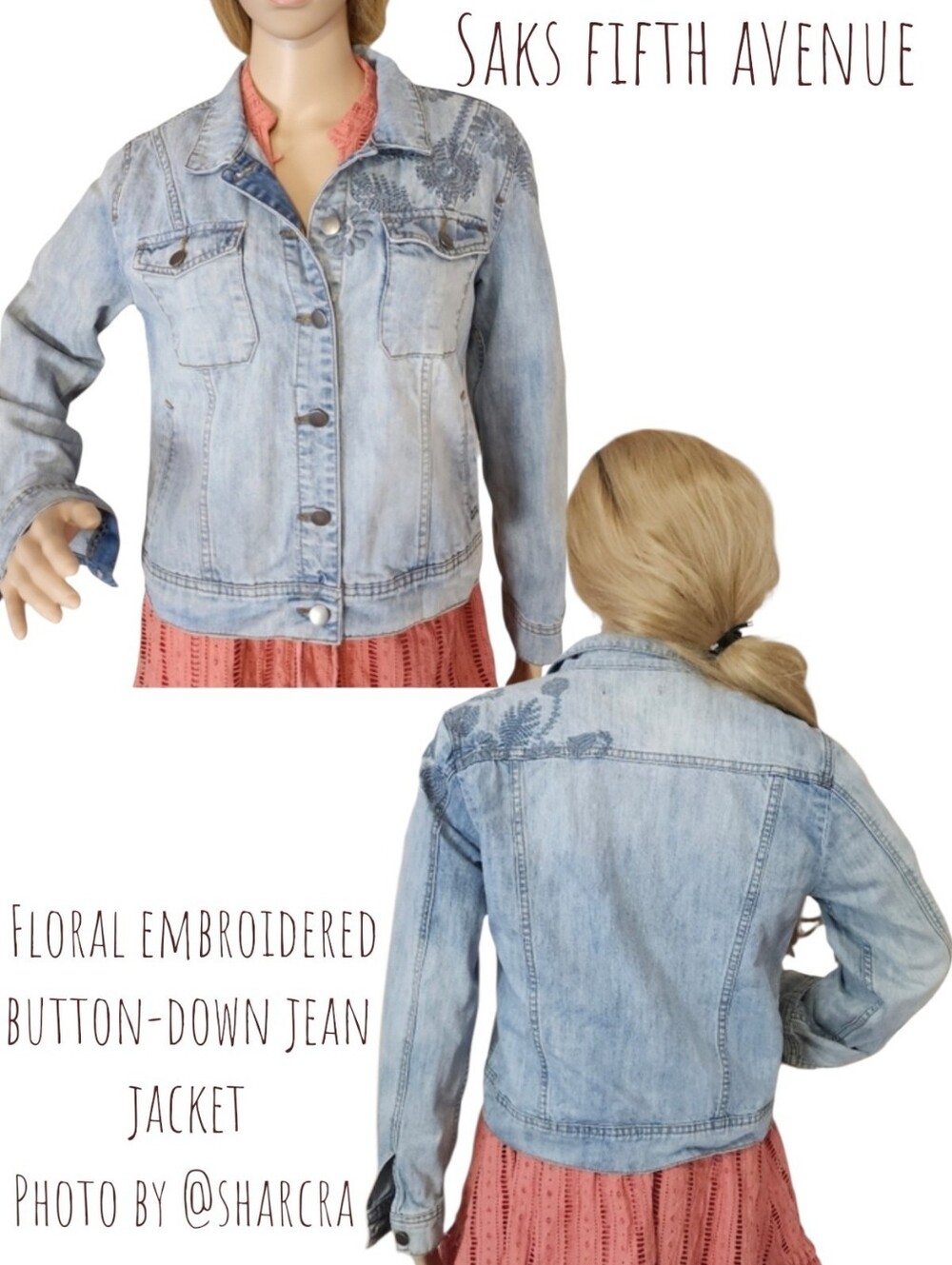 Saks fifth avenue Women's Floral embroidered Light Wash Faded Jean Jacket M - Picture 1 of 15